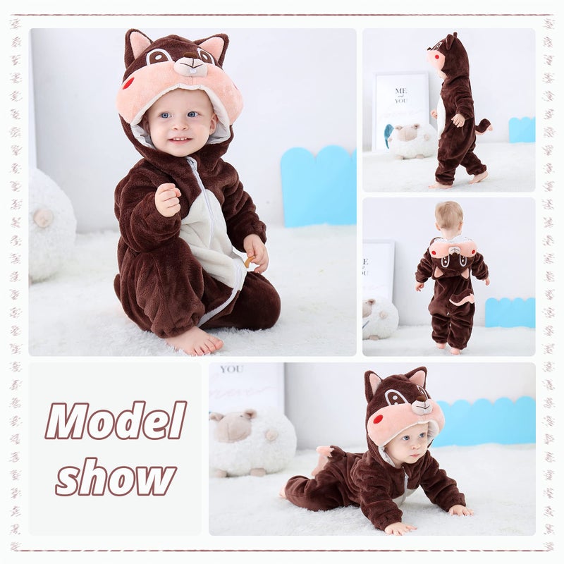 MICHLEY Unisex Baby Hooded Romper Winter Flannel Jumpsuit for 6-12months, Cartoon Cosplay Costume, Squirrel - Image 5